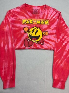 Pac-Man Pink Tie Dye Cropped Long Sleeve Graphic Tee Size Small